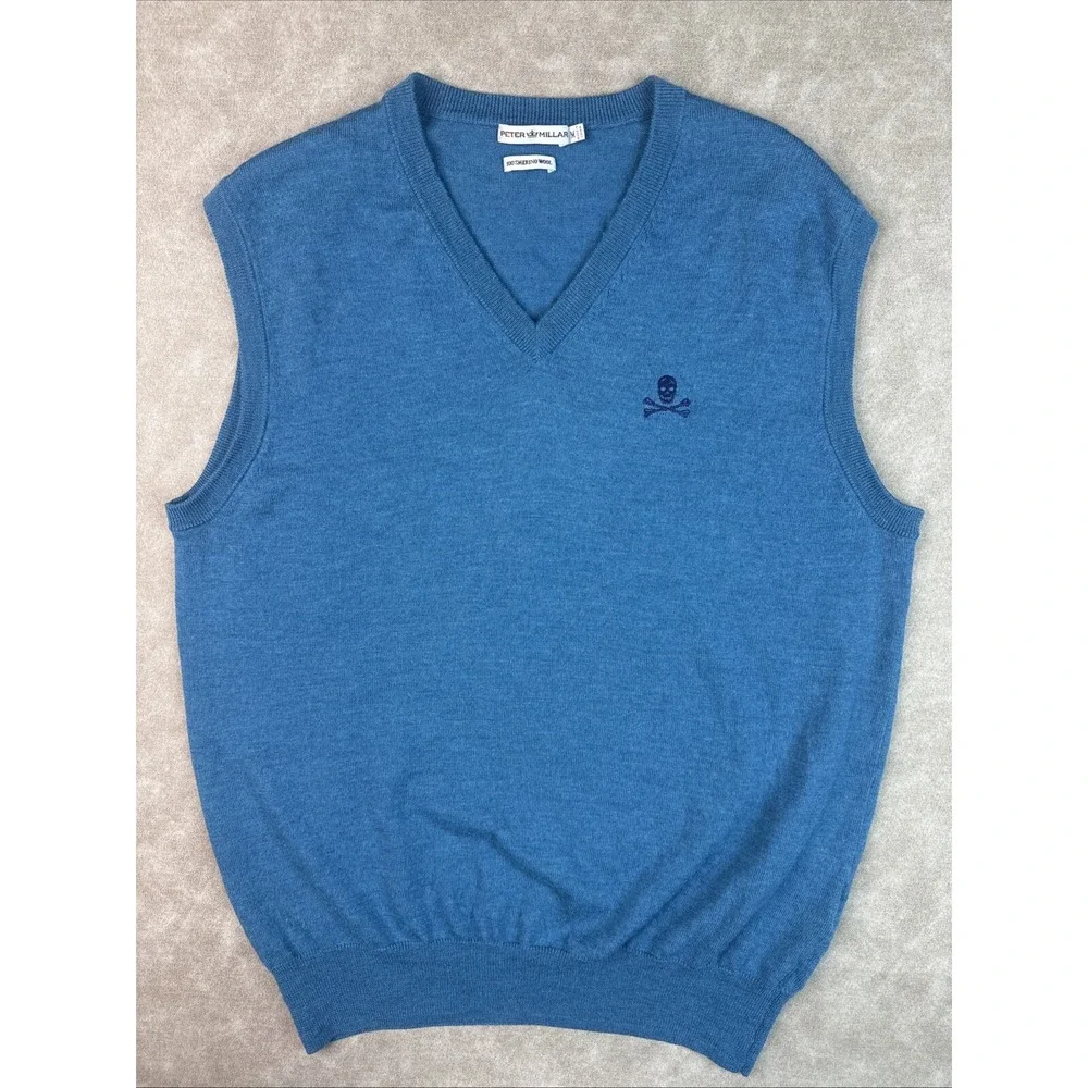 Peter Millar Golf Sweater Vest Mens‎ M Teal Merino Wool Skull Crossbones V-Neck